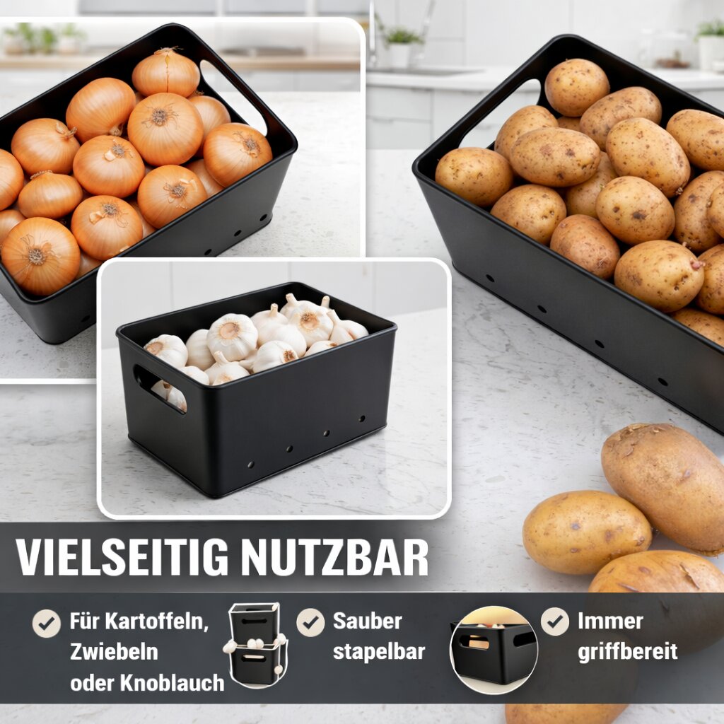 Kartoffel Aufbewahrungsbox 3er Set aus Metall mit Bambusdeckel – für Kartoffeln, Zwiebeln &  5