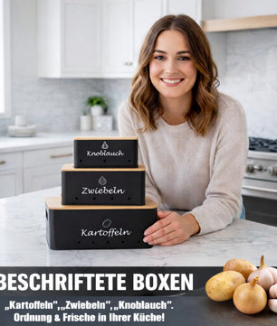 Kartoffel Aufbewahrungsbox 3er Set aus Metall mit Bambusdeckel – für Kartoffeln, Zwiebeln &  6