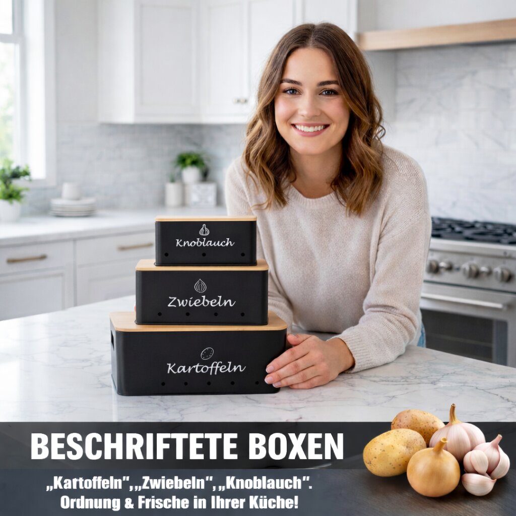Kartoffel Aufbewahrungsbox 3er Set aus Metall mit Bambusdeckel – für Kartoffeln, Zwiebeln &  6