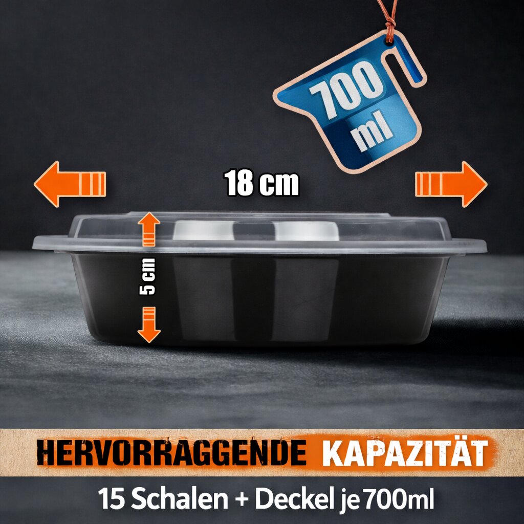 Meal Prep Boxen 700 ml – 15 Stück Runde Schalen mit Deckel – BPA frei, mikrowellengeeignet 2