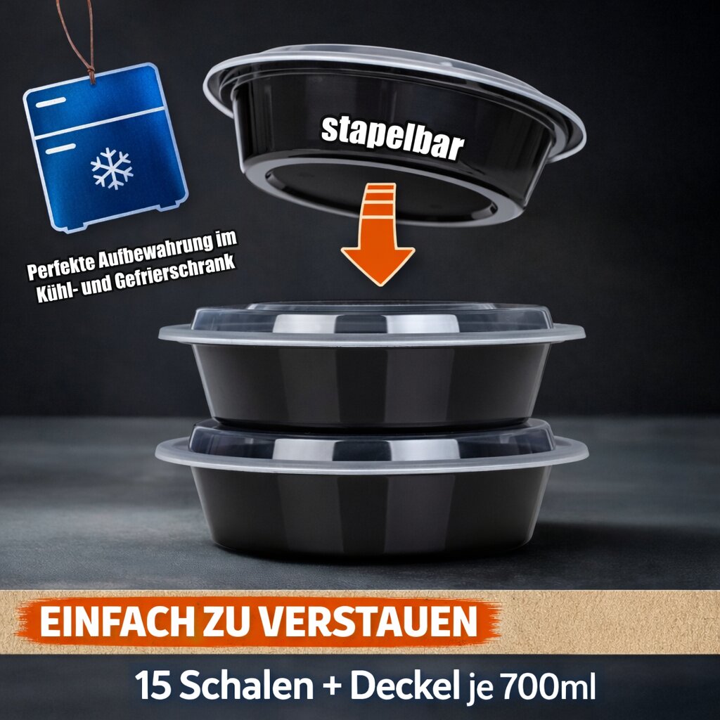 Meal Prep Boxen 700 ml – 15 Stück Runde Schalen mit Deckel – BPA frei, mikrowellengeeignet 4