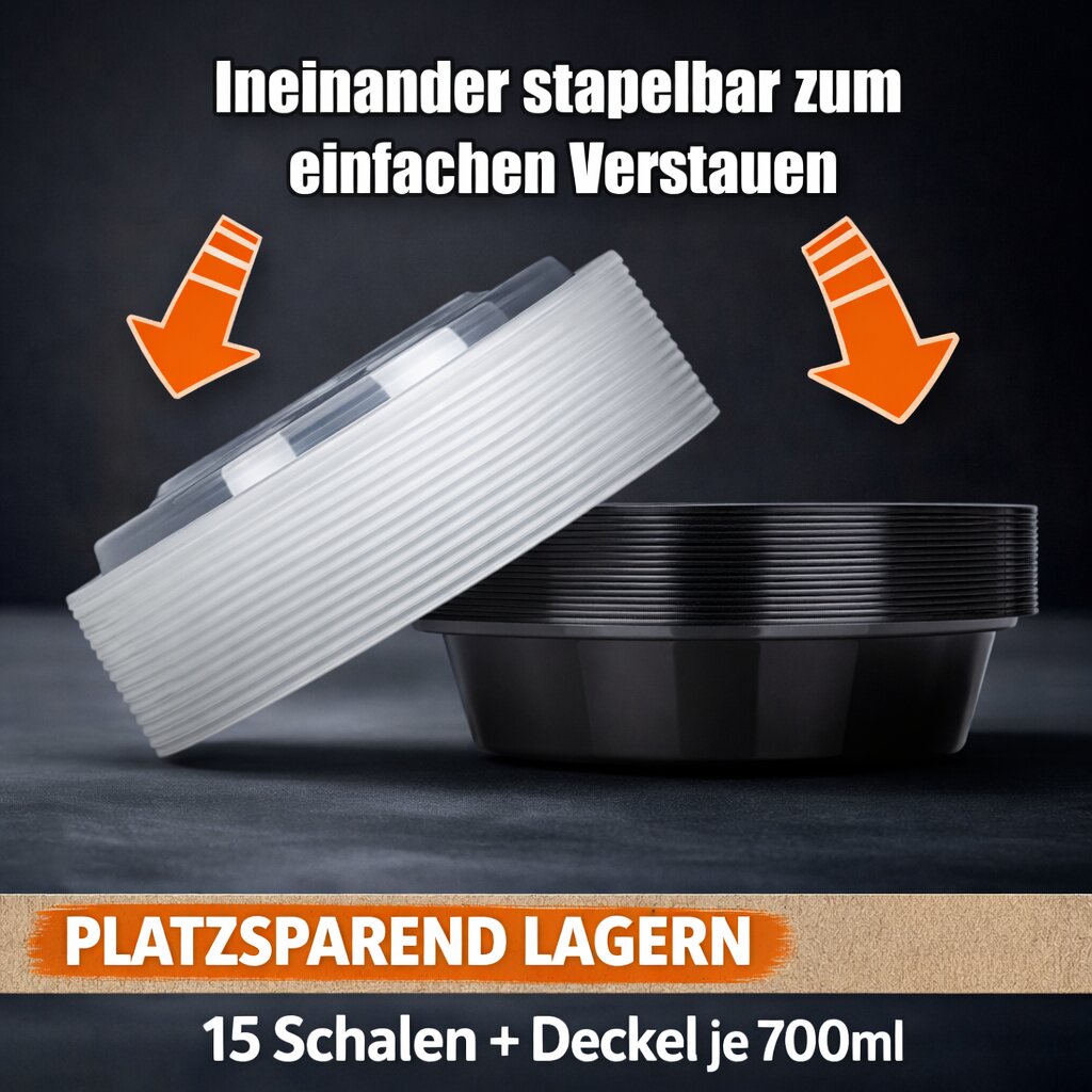 Meal Prep Boxen 700 ml – 15 Stück Runde Schalen mit Deckel – BPA frei, mikrowellengeeignet 6