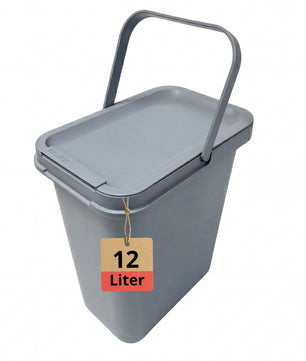 12 Liter Mülleimer Grau mit Deckel, Henkel und Mülltütenbefestigung aus Kunststoff