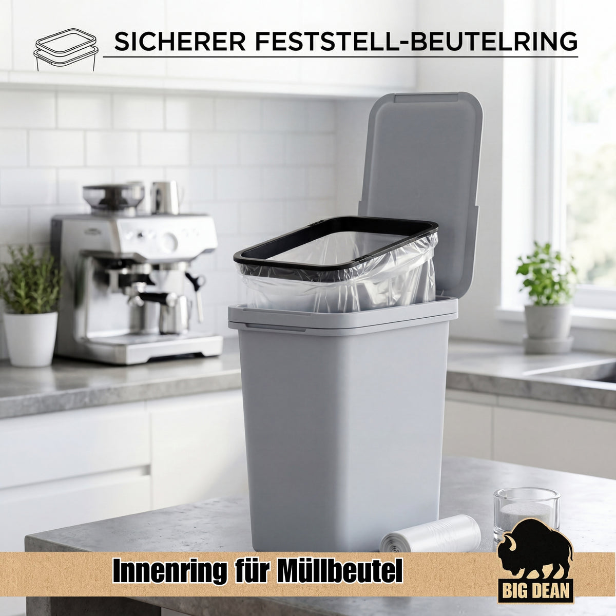 BigDean 12 Liter Mülleimer Grau mit Deckel, Henkel und Mülltütenbefestigung aus Kunststoff image 5