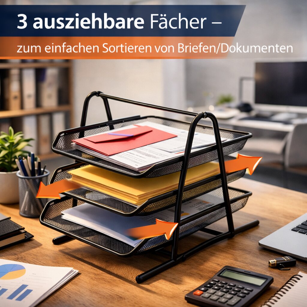 Dokumentenablage Metall 3 Fächer für A4 – stabile Briefablage schwarz für Schreibtisch & Büro 3