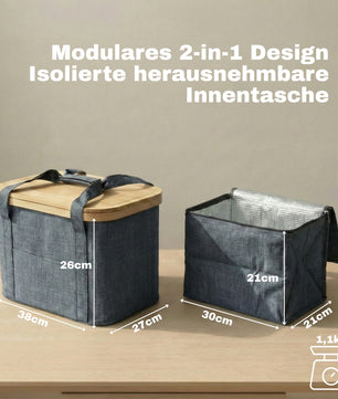 2-in-1 Picknicktasche mit herausnehmbarer Kühltasche und Bambusdeckel ca. 24L grau 2