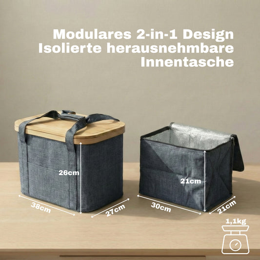 2-in-1 Picknicktasche mit herausnehmbarer Kühltasche und Bambusdeckel ca. 24L grau 2