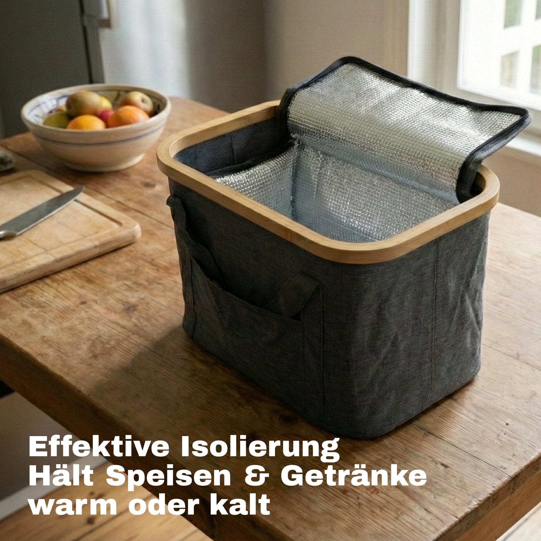 2-in-1 Picknicktasche mit herausnehmbarer Kühltasche und Bambusdeckel ca. 24L grau 3