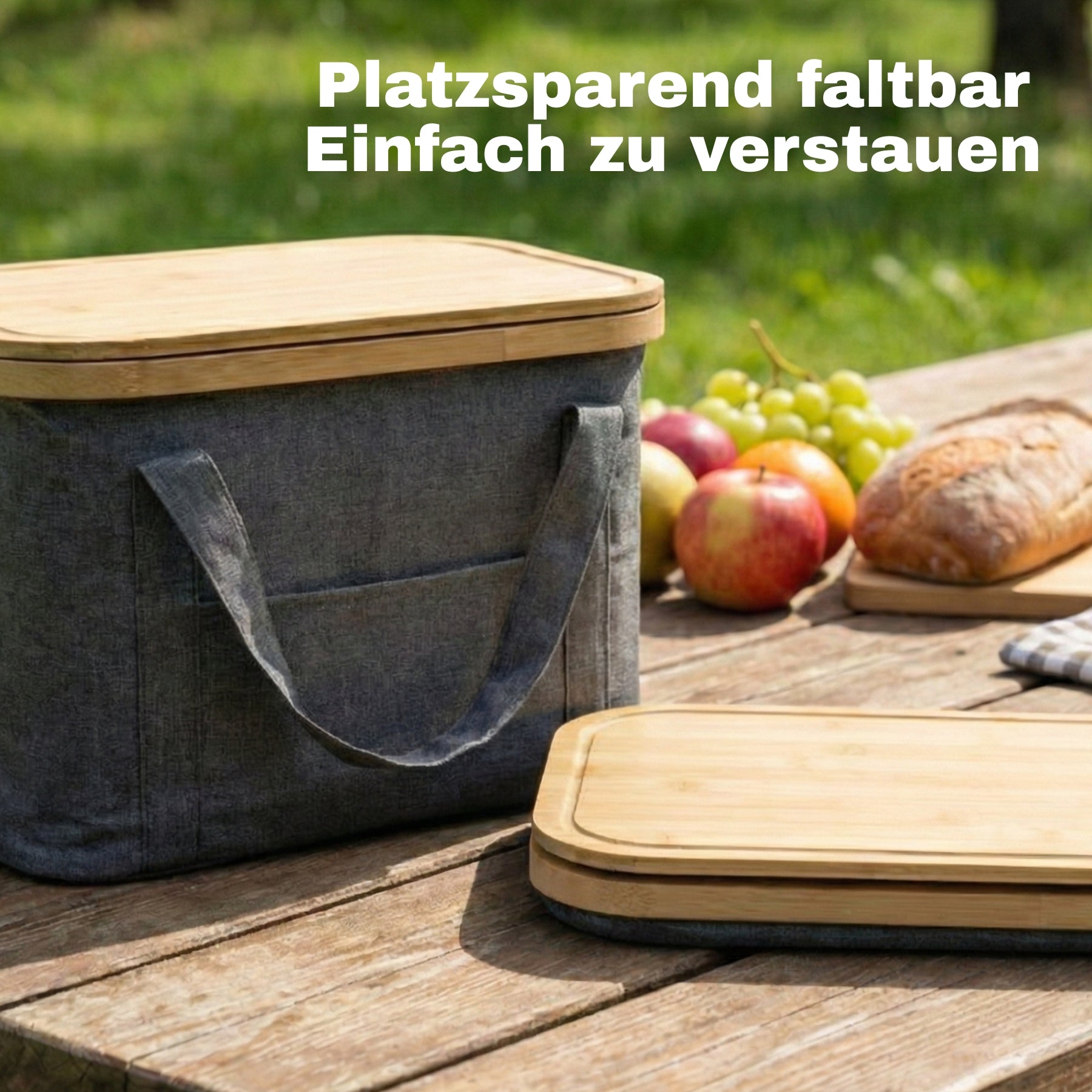 2-in-1 Picknicktasche mit herausnehmbarer Kühltasche und Bambusdeckel ca. 24L grau 6