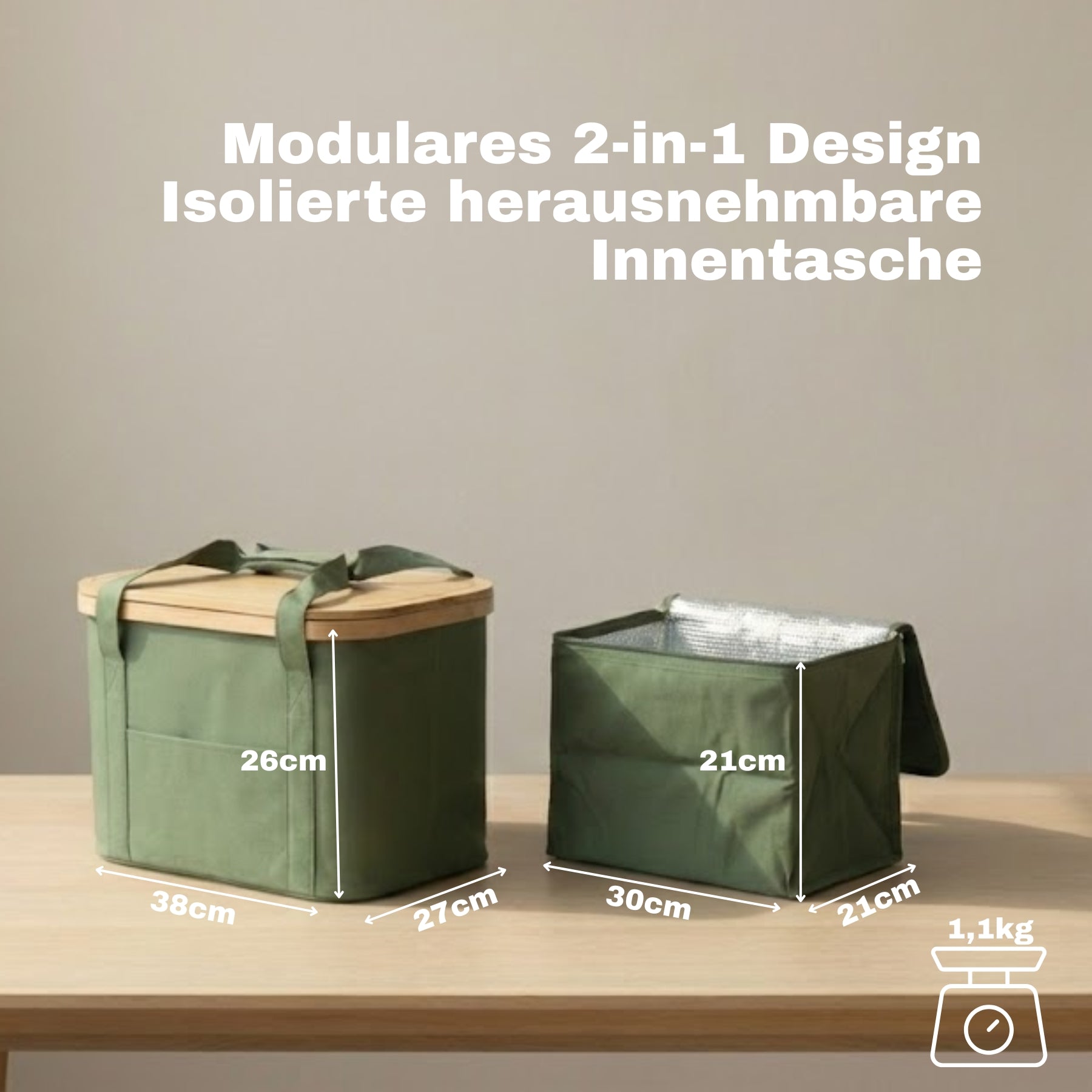 2-in-1 Picknicktasche mit herausnehmbarer Kühltasche und Bambusdeckel ca. 24L & 13L grün 2