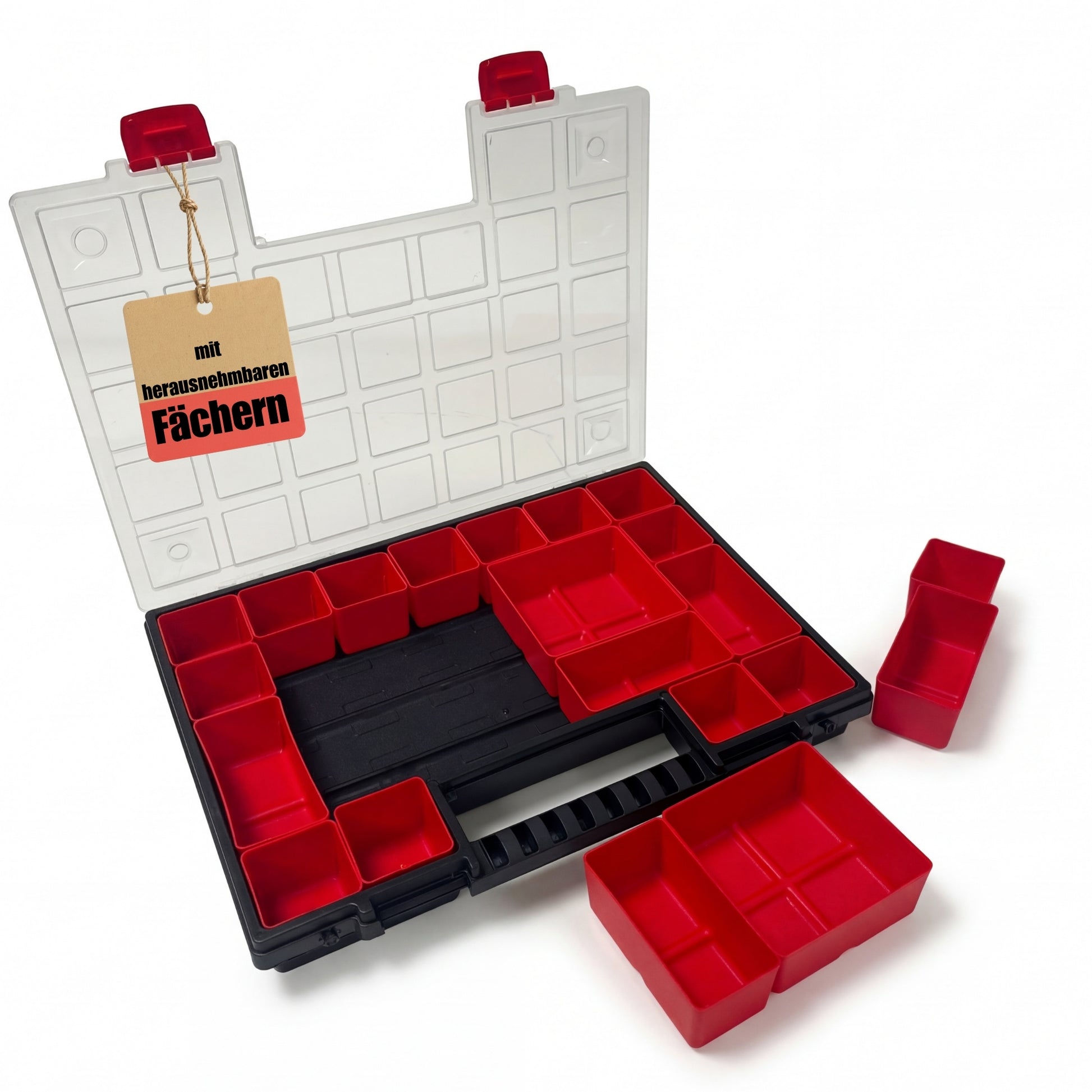Sortimentskasten B mit herausnehmbaren roten Fächern ideal für Kleinteile Werkzeug und Organisation Kunststoff 39,9 x 30,3 x 5cm