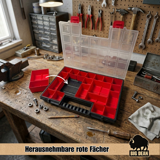 BigDean  Sortimentskasten B mit herausnehmbaren roten Fächern ideal für Kleinteile Werkzeug und Organisation Kunststoff 39,9 x 30,3 x 5cm image 2