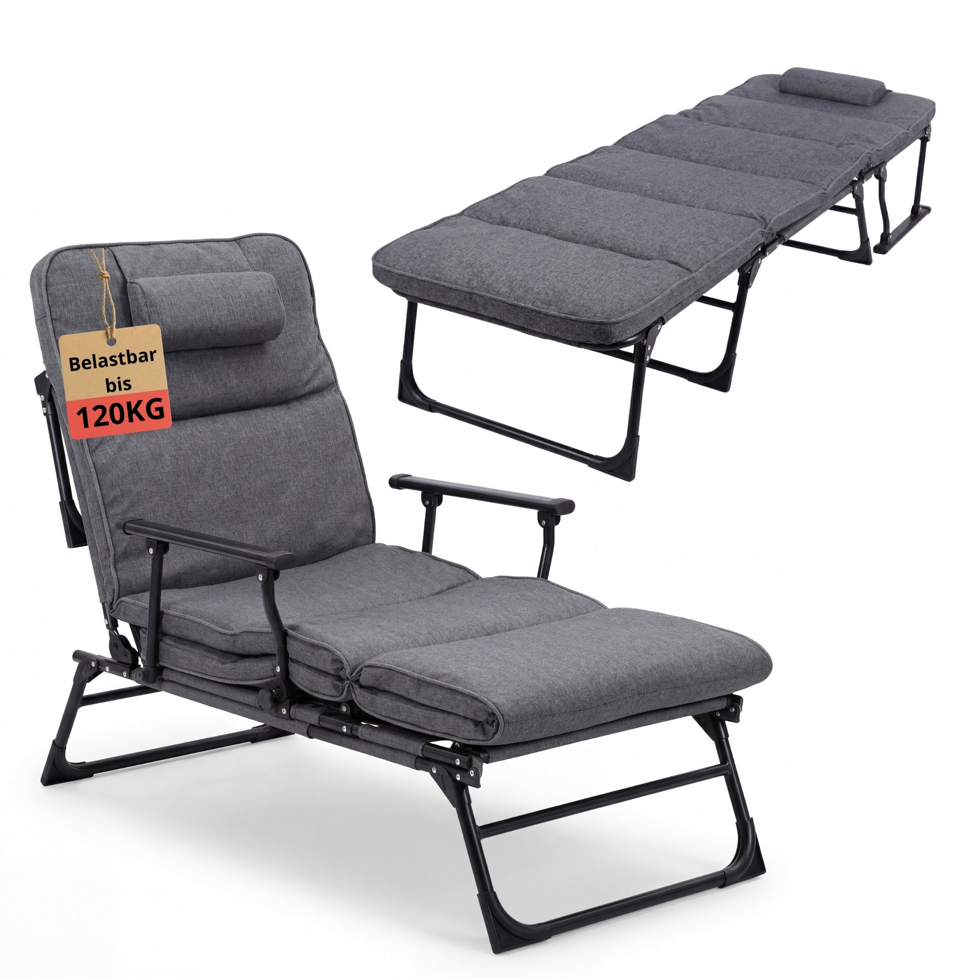 2in1 Bequemer Klappstuhl und Liege in einem Produkt - Die Klaliege für Garten, Balkon, Terrasse und Camping mit Polsterung und Stahlgestell bis 120 kg Belastbar
