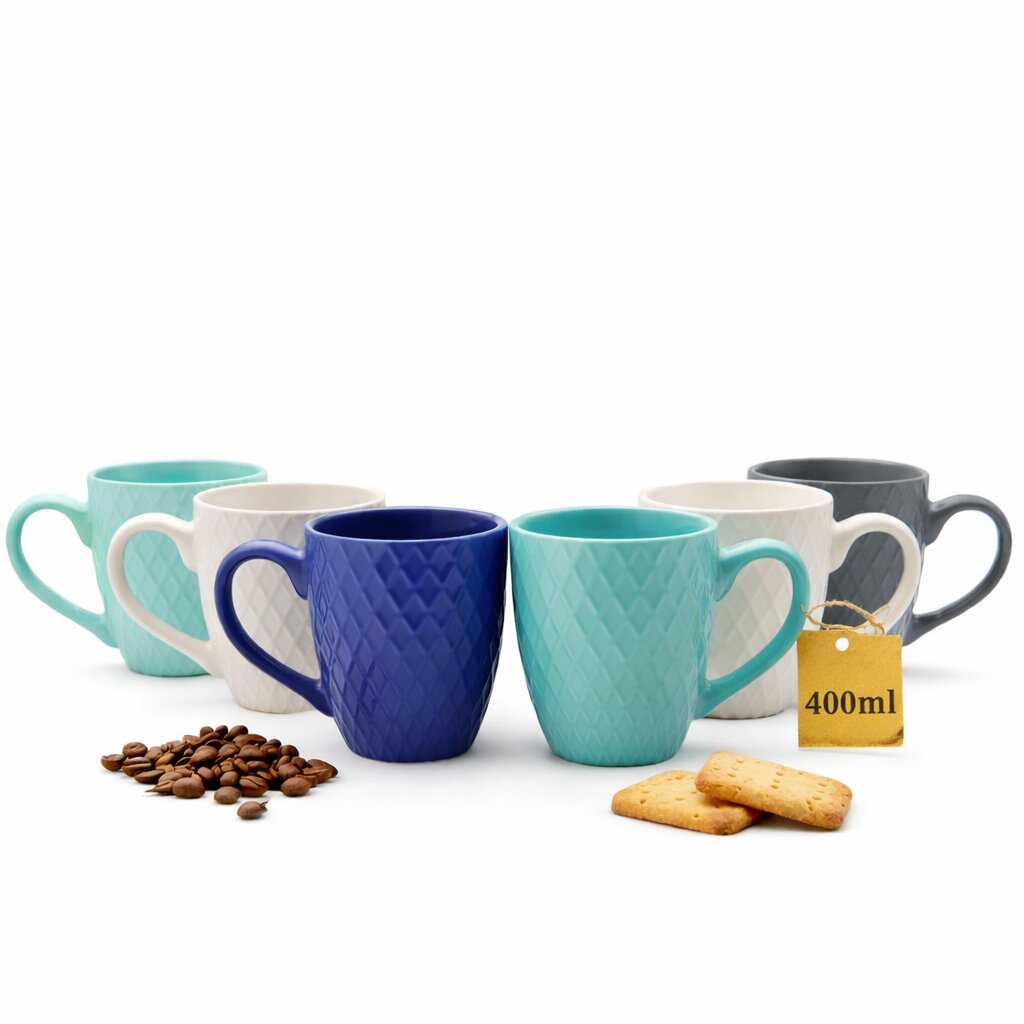 6 moderne Kaffeebecher 400 ml farbige Kaffeetassen aus Steingut – Stilvolles Tassen Set für Kaffee