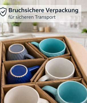 6 moderne Kaffeebecher 400 ml farbige Kaffeetassen aus Steingut – Stilvolles Tassen Set für Kaffee 4