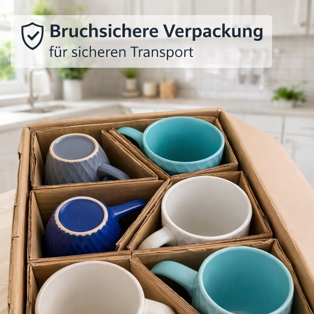 6 moderne Kaffeebecher 400 ml farbige Kaffeetassen aus Steingut – Stilvolles Tassen Set für Kaffee 4