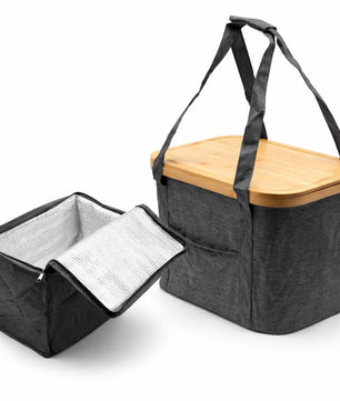2-in-1 Picknicktasche mit herausnehmbarer Kühltasche und Bambusdeckel ca. 24L grau