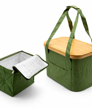 2-in-1 Picknicktasche mit herausnehmbarer Kühltasche und Bambusdeckel ca. 24L & 13L grün