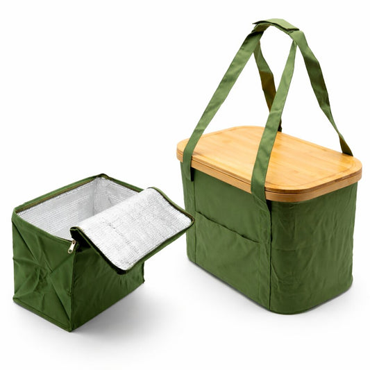 2-in-1 Picknicktasche mit herausnehmbarer Kühltasche und Bambusdeckel ca. 24L & 13L grün