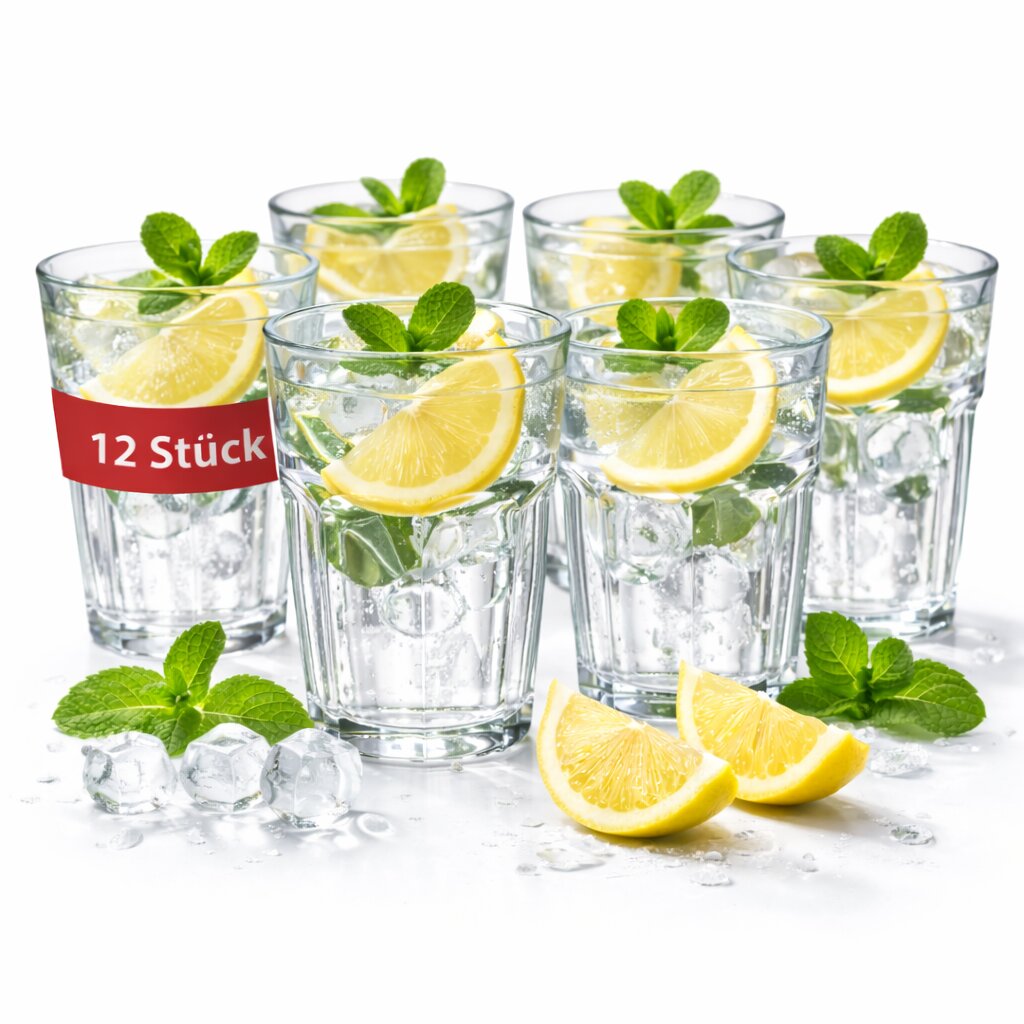 Trinkgläser 12er Set 350 ml – hochwertige Wassergläser aus klarem Glas – moderne Saftgläser
