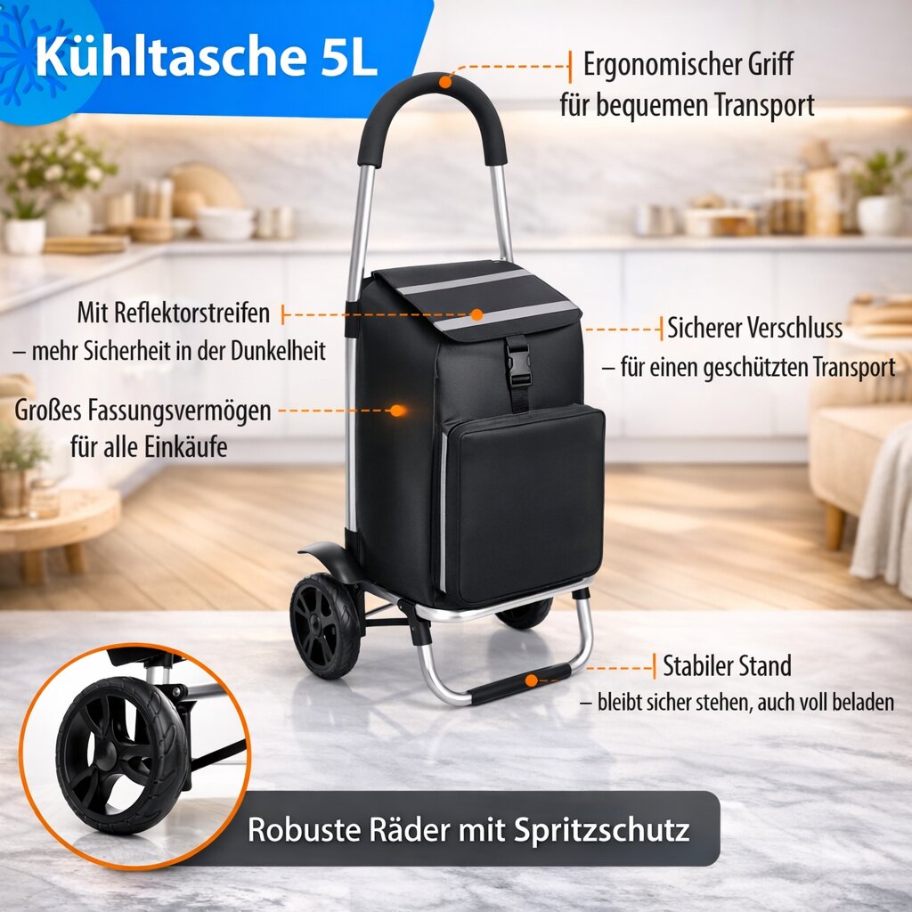 Einkaufstrolley klappbar mit Kühlfach – Einkaufsroller mit abnehmbarer, regenfester Tasche 3