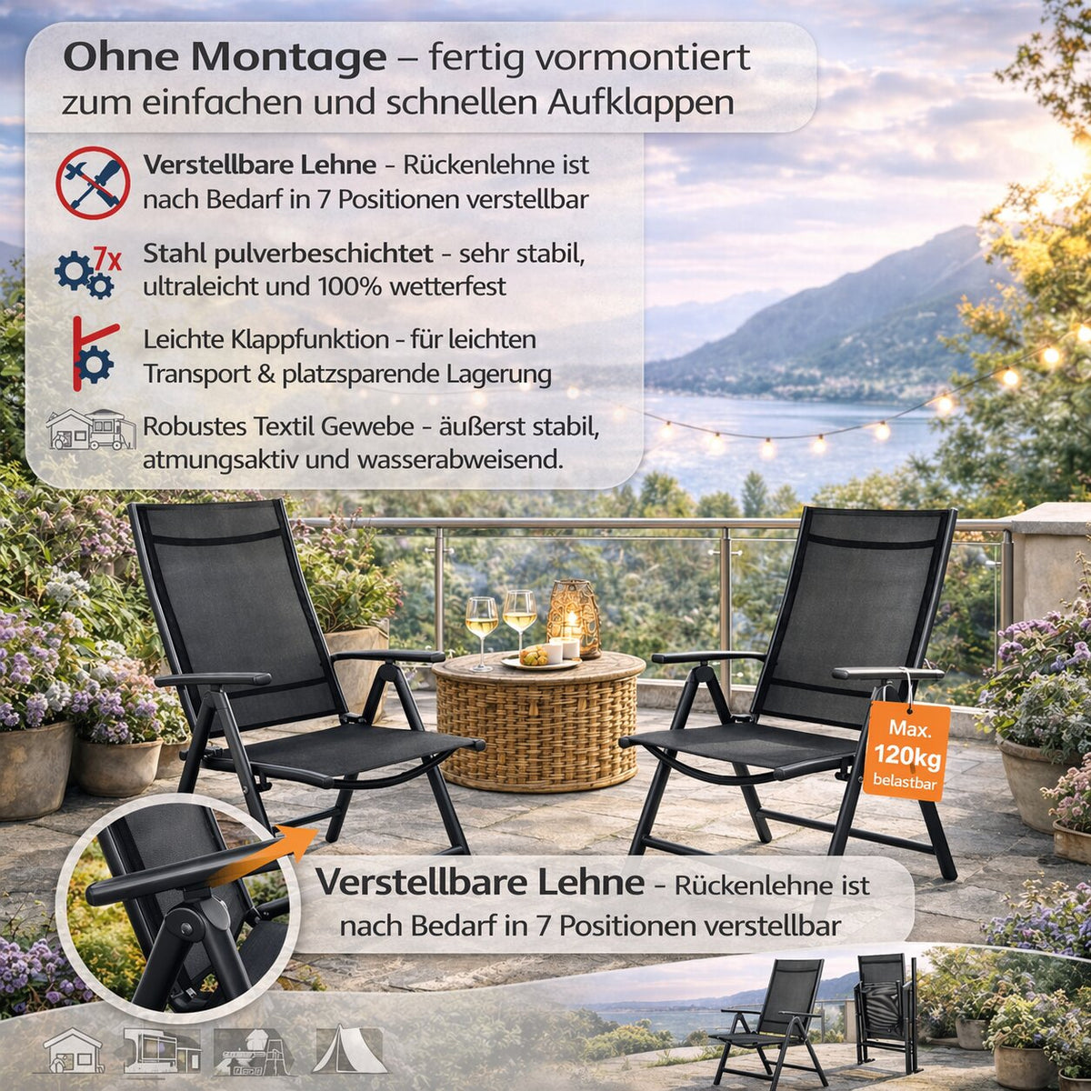 2er Set Gartenstuhl Hochlehner klappbar bis 120kg belastbar schwarz 7-fach verstellbar wetterfest Balkonstuhl für Garten Terrasse & Camping - Klappstuhl Balkon Gartenstühle Gartenstuhl klappbar image 2
