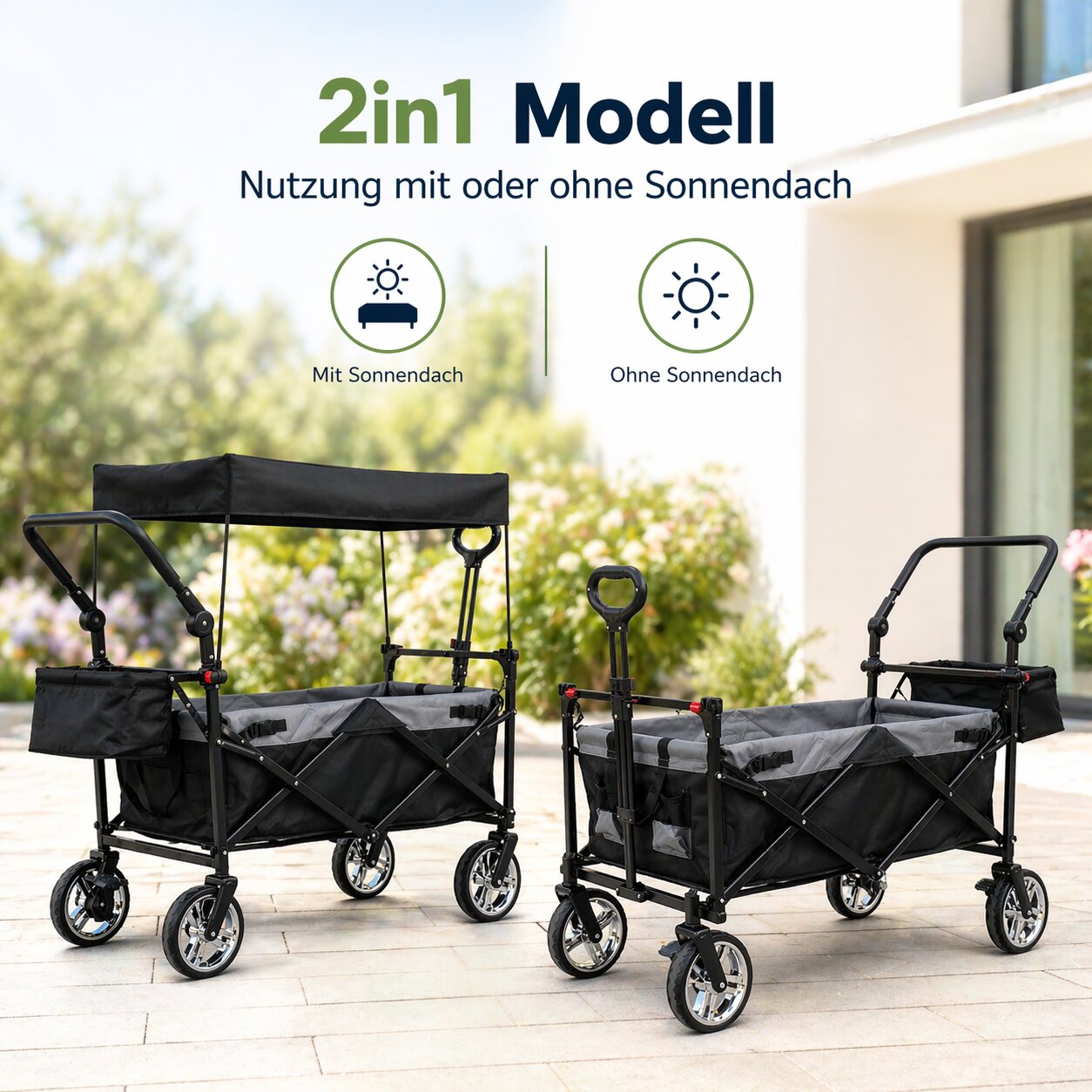 Bollerwagen faltbar mit Dach 105L 100kg mit Schiebegriff & Teleskop-Ziehstange 2 Feststellbremsen 3