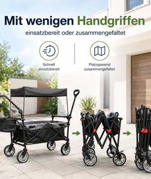 Bollerwagen faltbar mit Dach 105L 100kg mit Schiebegriff & Teleskop-Ziehstange 2 Feststellbremsen 4