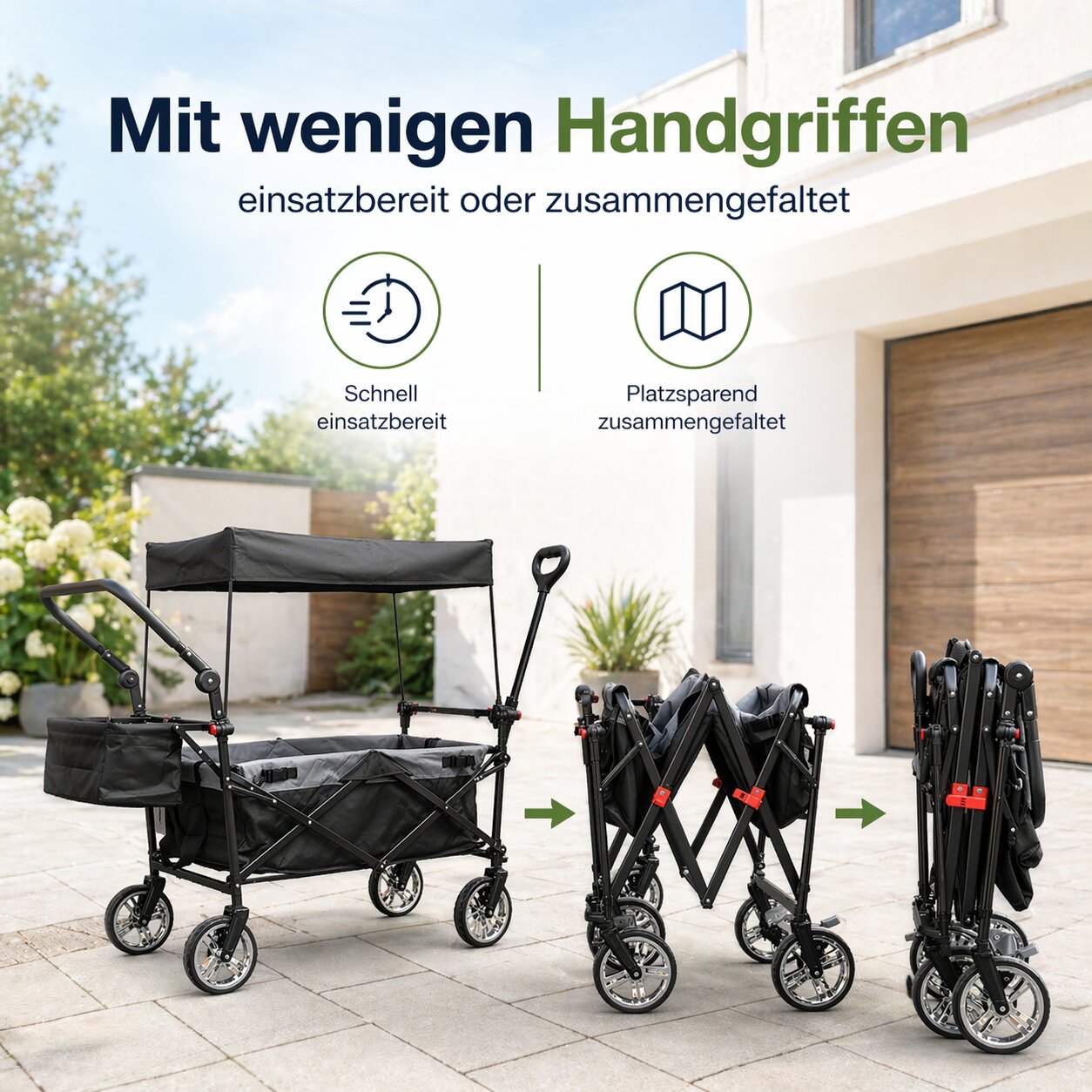 Bollerwagen faltbar mit Dach 105L 100kg mit Schiebegriff & Teleskop-Ziehstange 2 Feststellbremsen 4