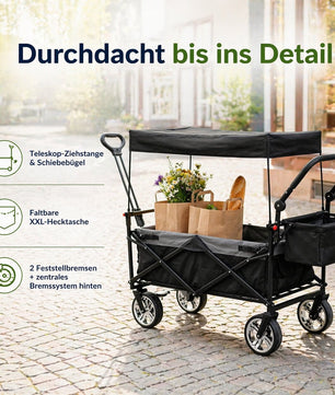 Bollerwagen faltbar mit Dach 105L 100kg mit Schiebegriff & Teleskop-Ziehstange 2 Feststellbremsen 5