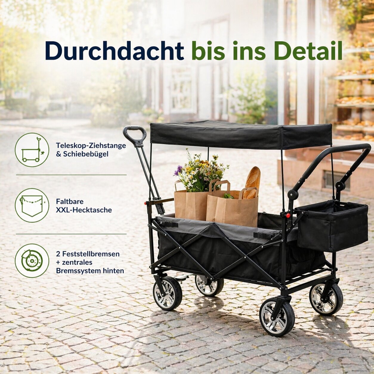 Bollerwagen faltbar mit Dach 105L 100kg mit Schiebegriff & Teleskop-Ziehstange 2 Feststellbremsen 5
