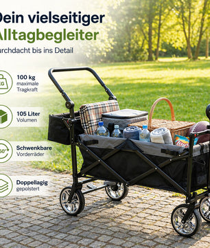Bollerwagen faltbar mit Dach 105L 100kg mit Schiebegriff & Teleskop-Ziehstange 2 Feststellbremsen 6