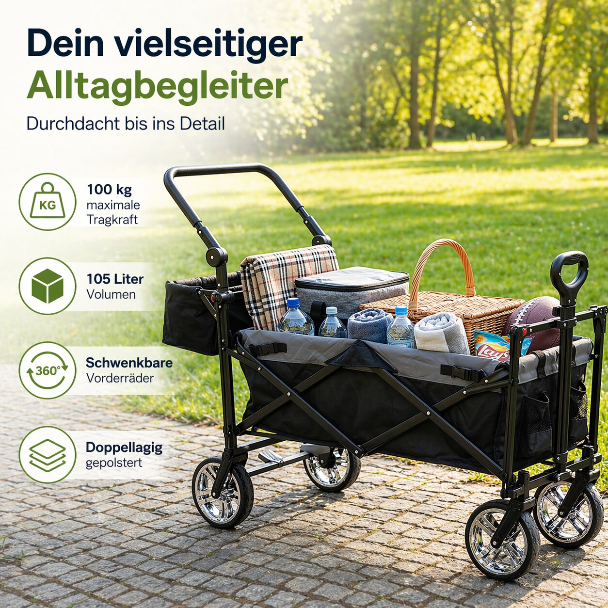 Bollerwagen faltbar mit Dach 105L 100kg mit Schiebegriff & Teleskop-Ziehstange 2 Feststellbremsen 6