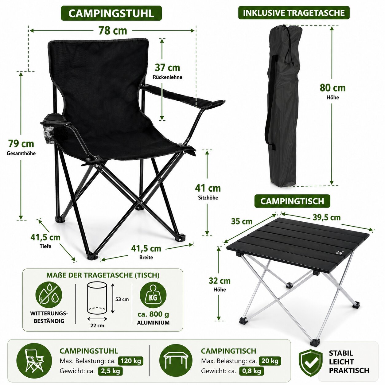 Campingstuhl mit Tisch Set klappbar Camping Tisch Stuhl Set Campingstuhl faltbar Angelstuhl 2