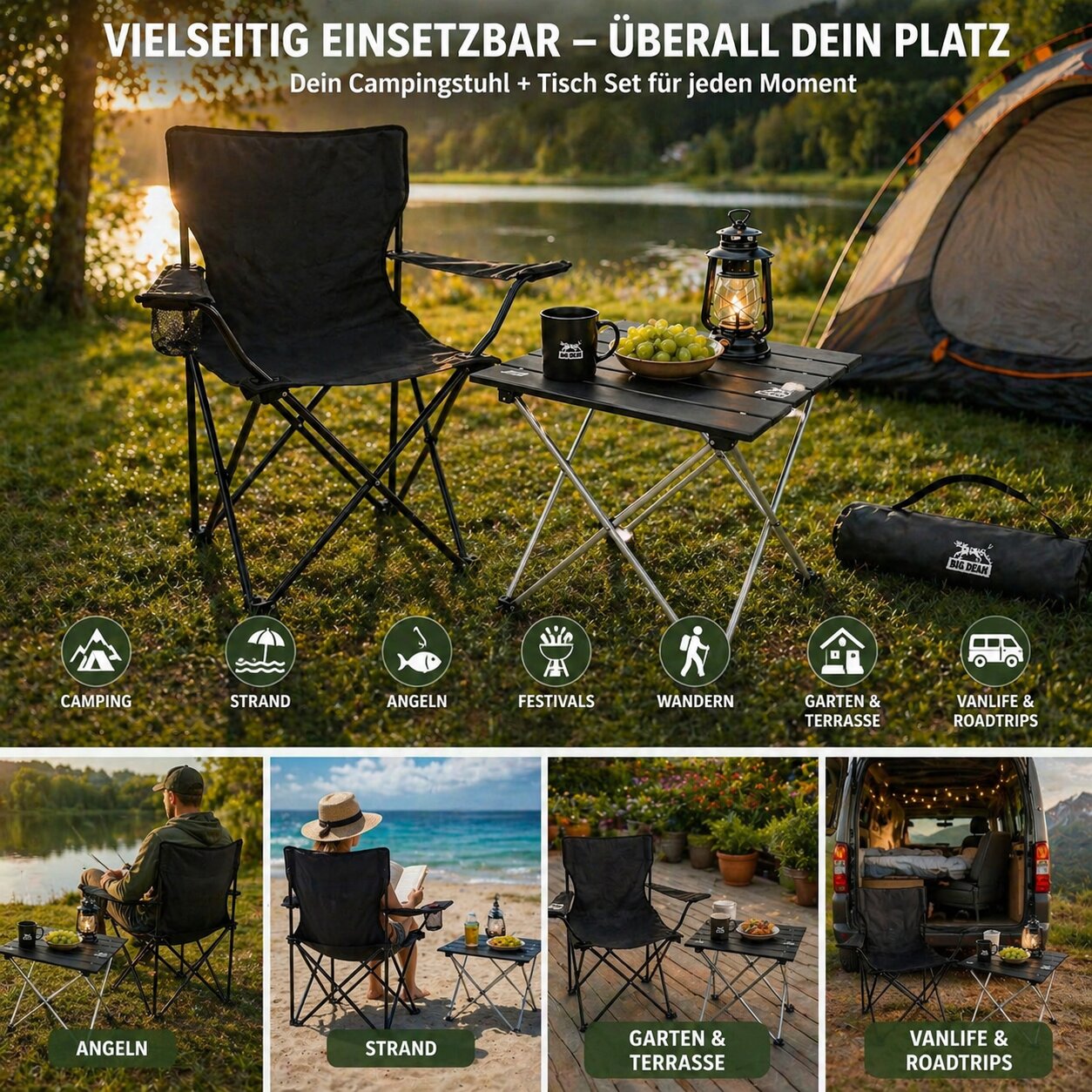 Campingstuhl mit Tisch Set klappbar Camping Tisch Stuhl Set Campingstuhl faltbar Angelstuhl 4