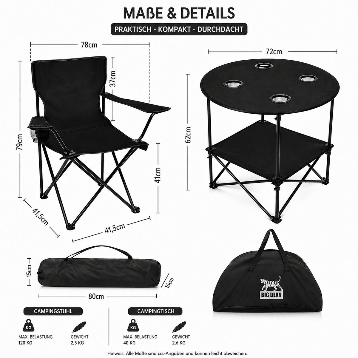 Camping Set 2x Campingstühle + 1x Campingtisch - Campingstuhl mit Tisch Set klappbar – Camping Tisch Stuhl Set Campingstuhl faltbar Angelstuhl Faltstuhl Anglerstuhl Campingtisch mit Stühlen - BigDean image 2