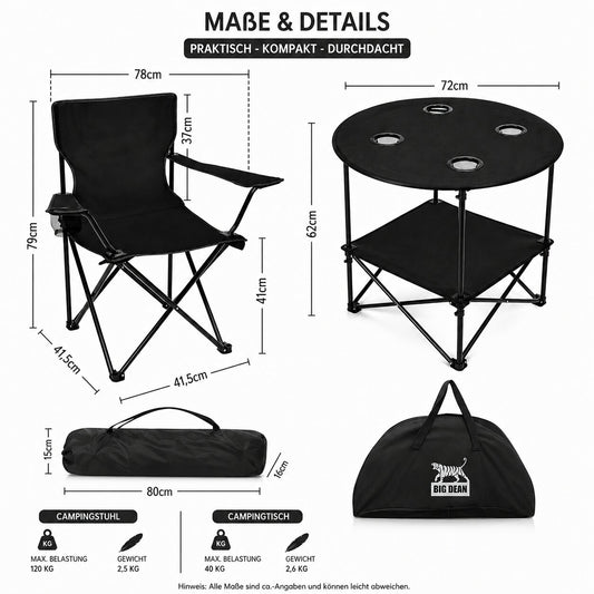 Camping Set 2x Campingstühle + 1x Campingtisch - Campingstuhl mit Tisch Set klappbar – Camping Tisch Stuhl Set Campingstuhl faltbar Angelstuhl Faltstuhl Anglerstuhl Campingtisch mit Stühlen - BigDean image 2