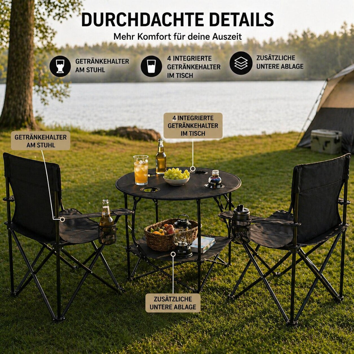 Camping Set 2x Campingstühle + 1x Campingtisch - Campingstuhl mit Tisch Set klappbar – Camping Tisch Stuhl Set Campingstuhl faltbar Angelstuhl Faltstuhl Anglerstuhl Campingtisch mit Stühlen - BigDean image 3