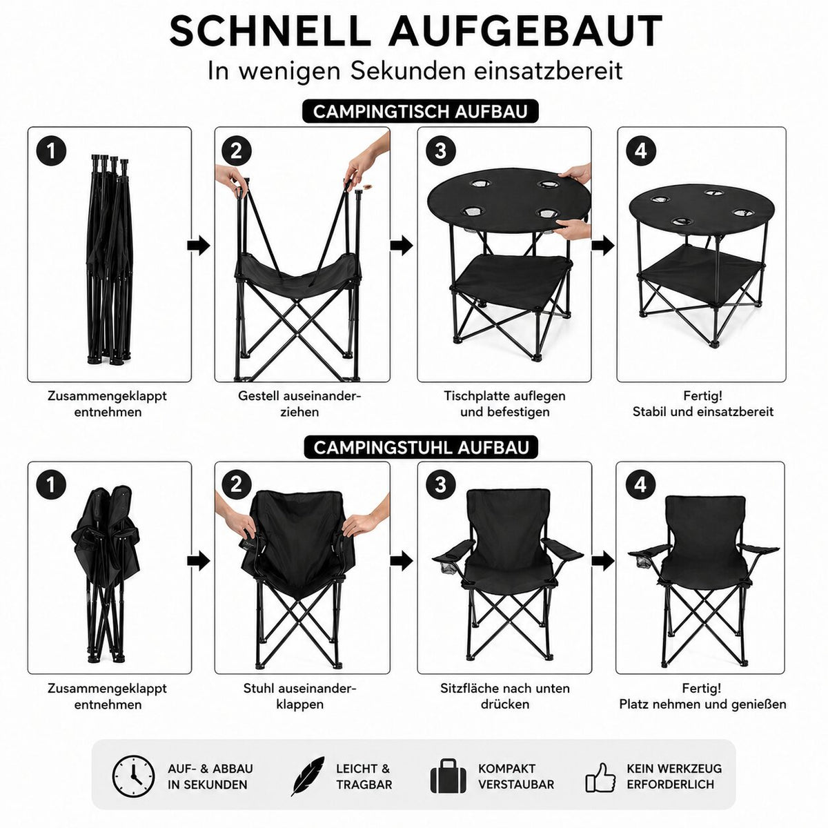 Camping Set 4x Campingstühle + 1x Campingtisch - Campingstuhl mit Tisch Set klappbar – Camping Tisch Stuhl Set Campingstuhl faltbar Angelstuhl Faltstuhl Anglerstuhl Campingtisch mit Stühlen - BigDean image 4