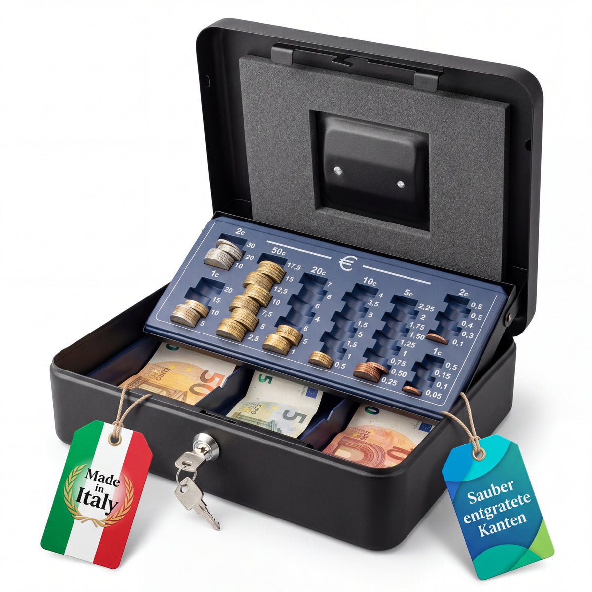 Geldkassette "Made in Italy" abschließbar mit Münzzählbrett 30 x 24 x 9 cm Handkasse Kasse für Bargeld Geldkassette Schwarz BigDean image 2
