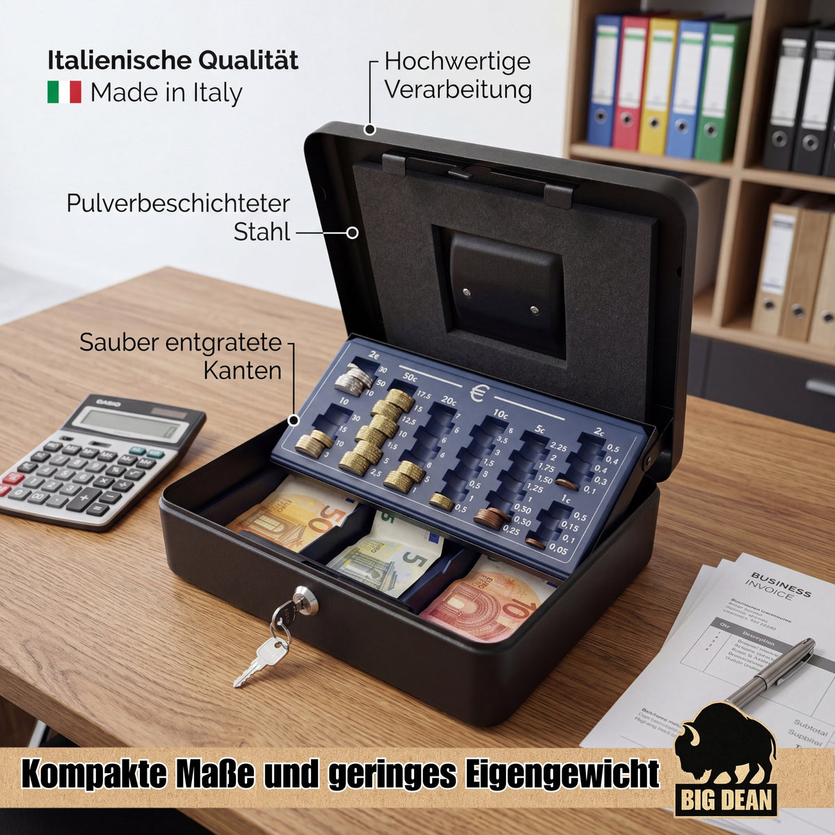 Geldkassette "Made in Italy" abschließbar mit Münzzählbrett 30 x 24 x 9 cm Handkasse Kasse für Bargeld Geldkassette Schwarz BigDean image 3