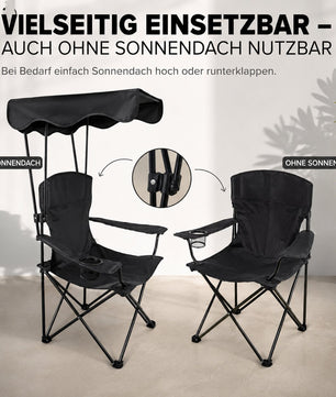 Campingstuhl mit Sonnenschutz schwarz – Faltbarer Campingstuhl mit Sonnendach Getränkehalter 2