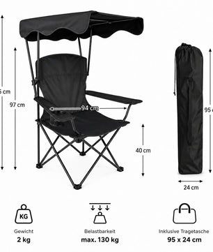 Campingstuhl mit Sonnenschutz schwarz – Faltbarer Campingstuhl mit Sonnendach Getränkehalter 3