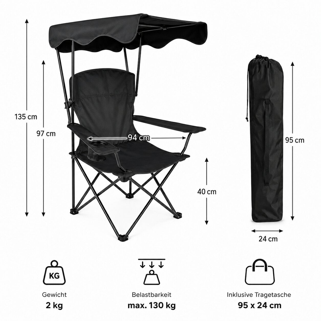 Campingstuhl mit Sonnenschutz schwarz – Faltbarer Campingstuhl mit Sonnendach Getränkehalter 3
