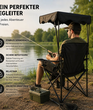 Campingstuhl mit Sonnenschutz schwarz – Faltbarer Campingstuhl mit Sonnendach Getränkehalter 4