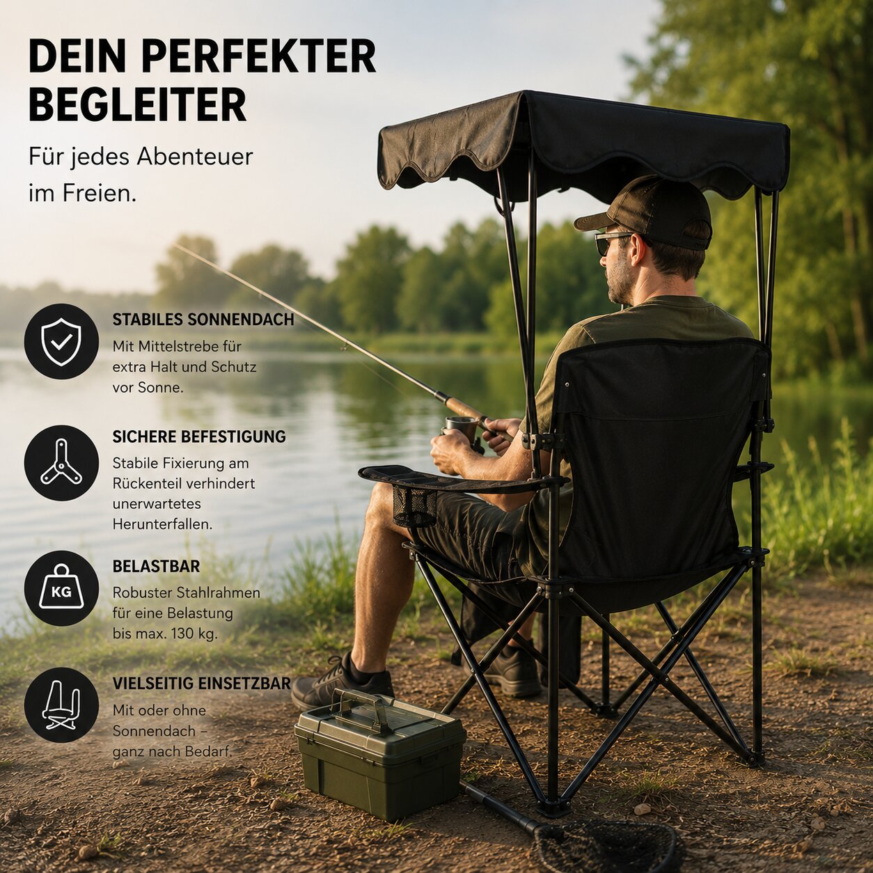 Campingstuhl mit Sonnenschutz schwarz – Faltbarer Campingstuhl mit Sonnendach Getränkehalter 4