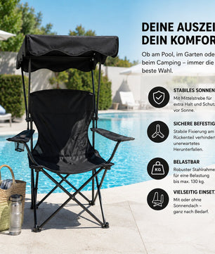 Campingstuhl mit Sonnenschutz schwarz – Faltbarer Campingstuhl mit Sonnendach Getränkehalter 5