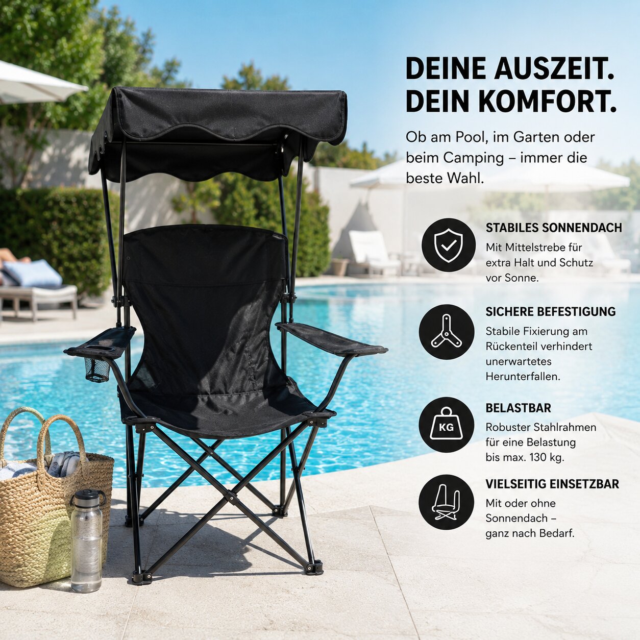 Campingstuhl mit Sonnenschutz schwarz – Faltbarer Campingstuhl mit Sonnendach Getränkehalter 5