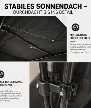 Campingstuhl mit Sonnenschutz schwarz – Faltbarer Campingstuhl mit Sonnendach Getränkehalter 6