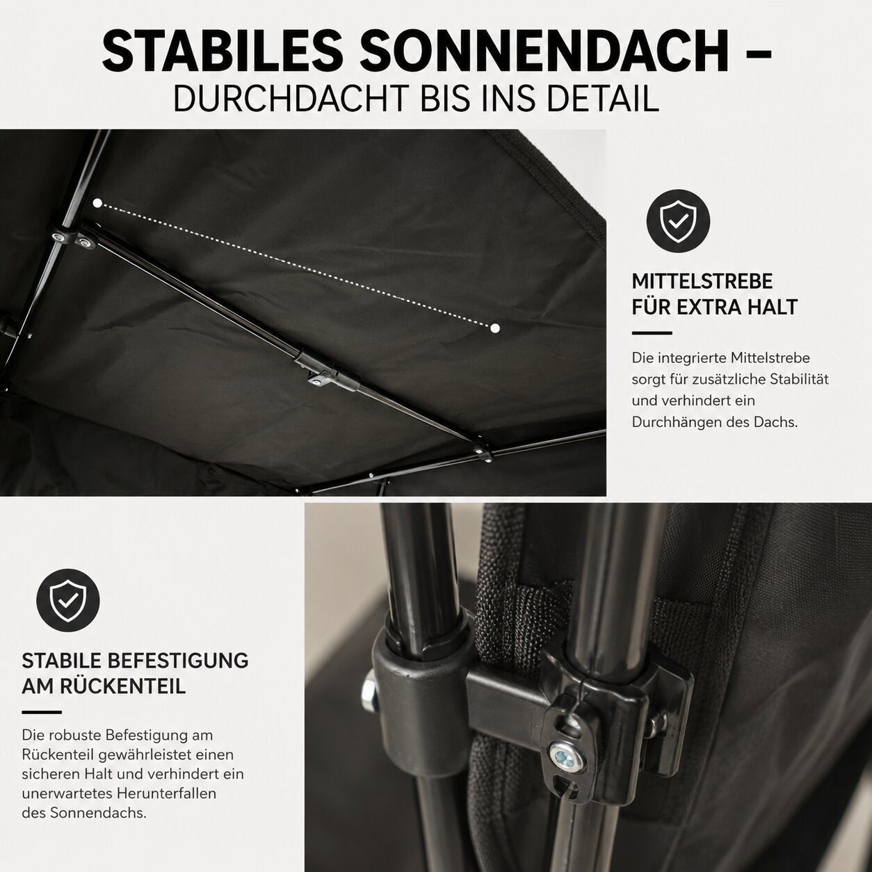 Campingstuhl mit Sonnenschutz schwarz – Faltbarer Campingstuhl mit Sonnendach Getränkehalter 6